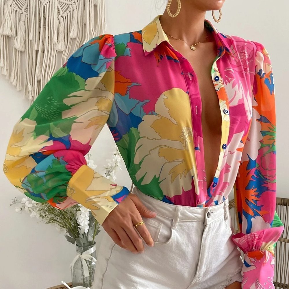 Pink Boho Womens Floral Print Puff Sleeve Shirt - Picture 4 of 5